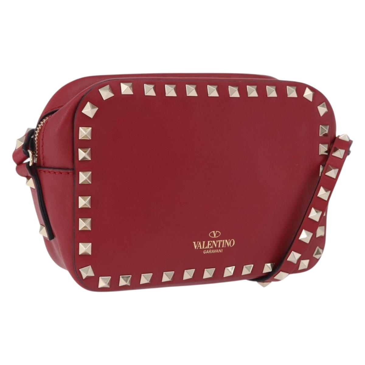 VALENTINO Rock Studs Shoulder Bag Leather Red Gold Tone Auth 205816
