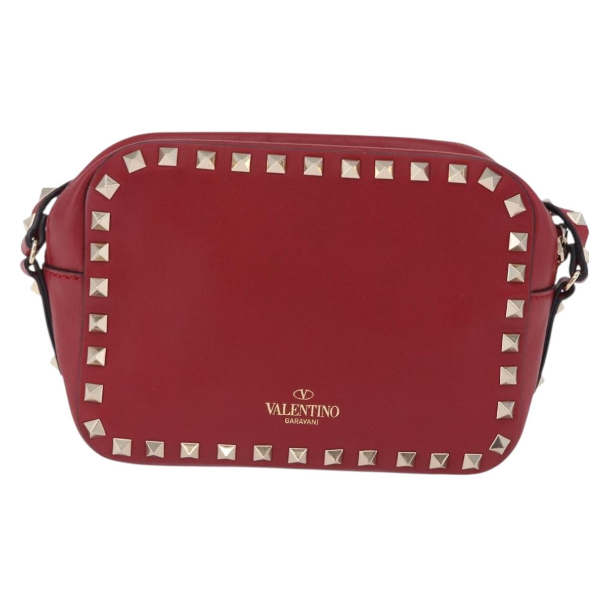 VALENTINO Rock Studs Shoulder Bag Leather Red Gold Tone Auth 205816