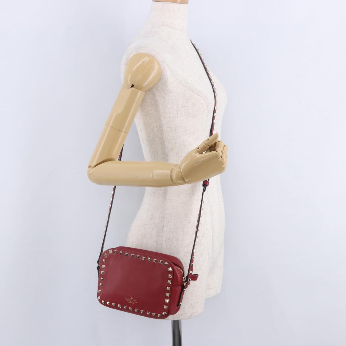 VALENTINO Rock Studs Shoulder Bag Leather Red Gold Tone Auth 205816
