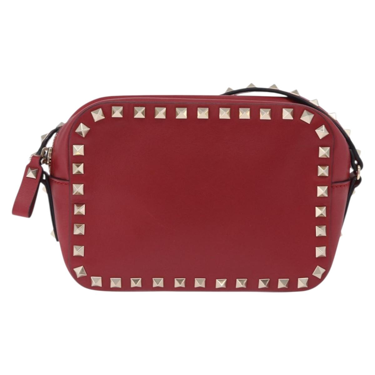 VALENTINO Rock Studs Shoulder Bag Leather Red Gold Tone Auth 205816