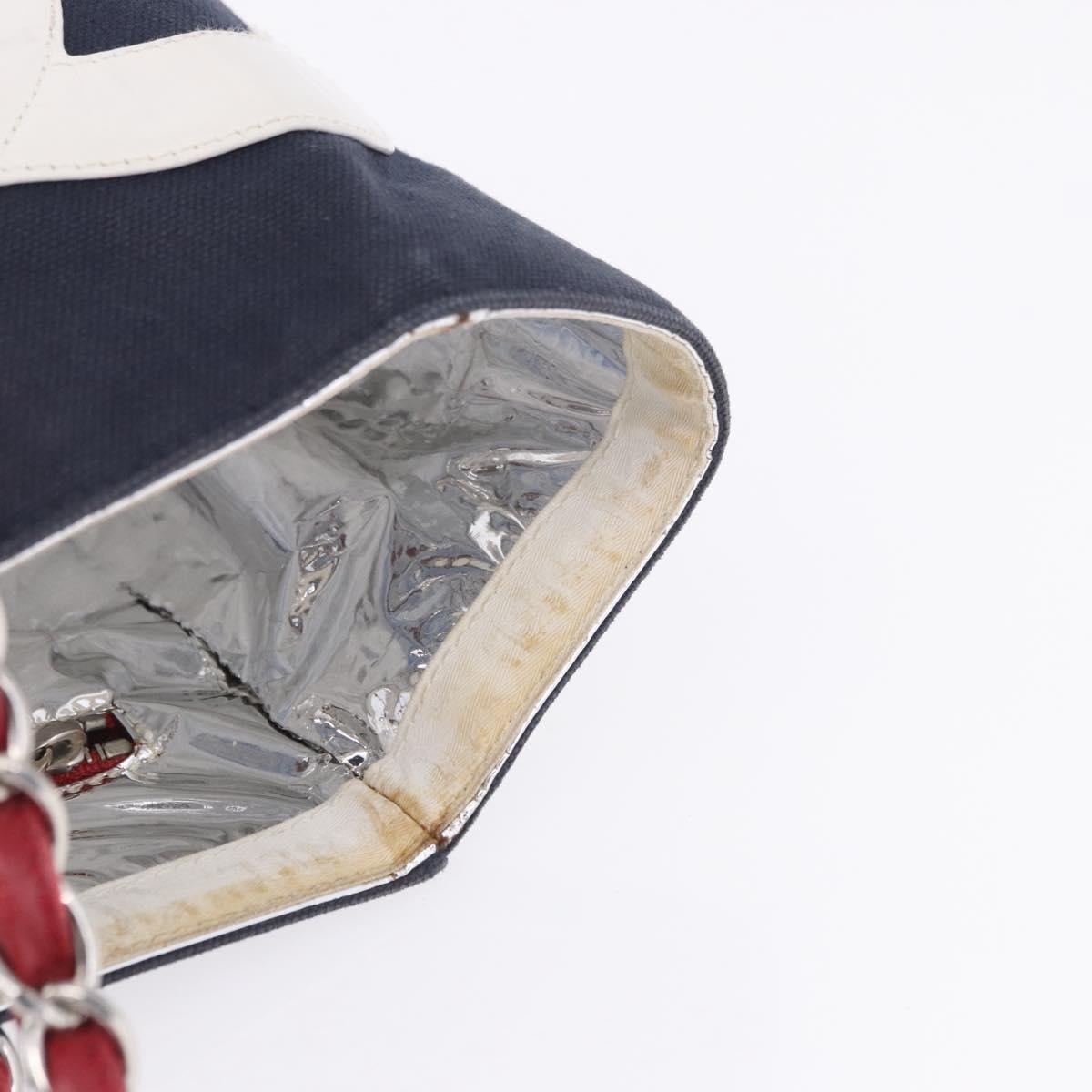 CHANEL Choco Bar Chain Shoulder Tote Bag Canvas Navy Silver CC Auth 205836A