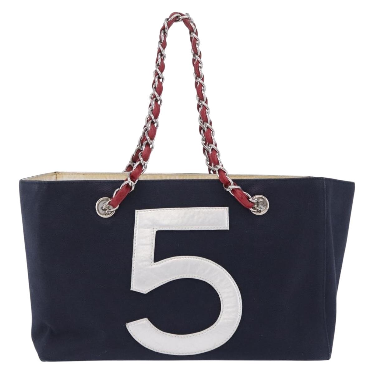 CHANEL Choco Bar Chain Shoulder Tote Bag Canvas Navy Silver CC Auth 205836A