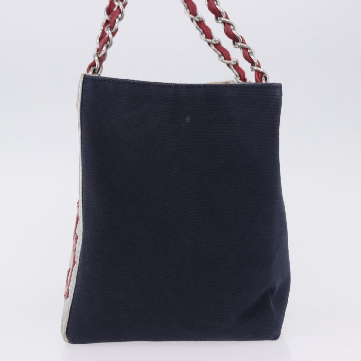 CHANEL Choco Bar Chain Shoulder Tote Bag Canvas Navy Silver CC Auth 205836A