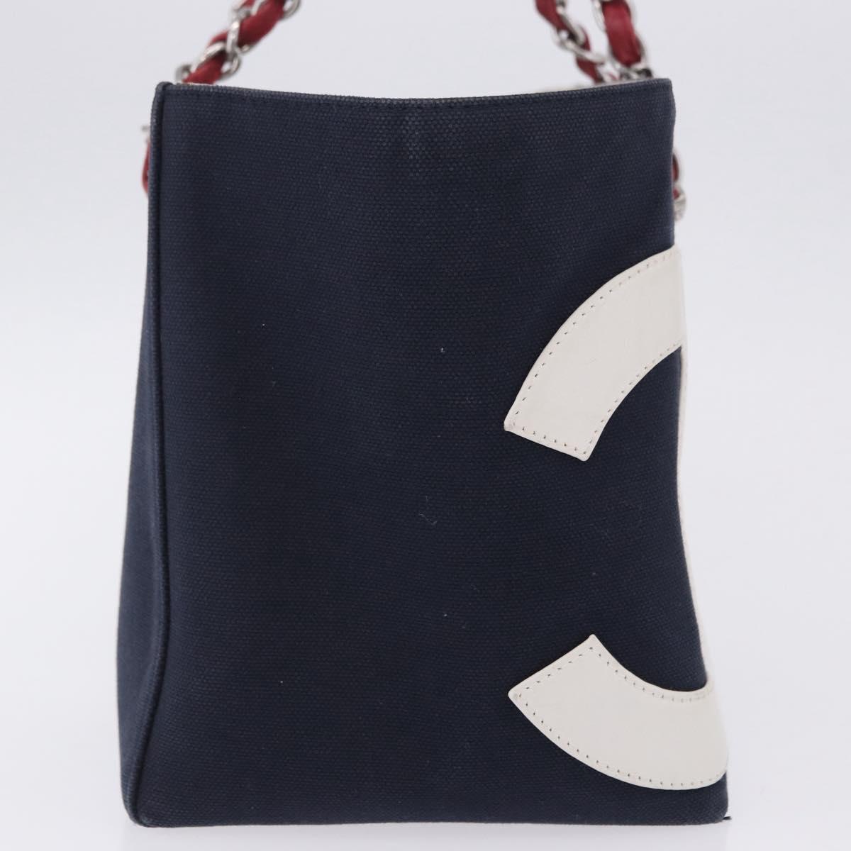 CHANEL Choco Bar Chain Shoulder Tote Bag Canvas Navy Silver CC Auth 205836A
