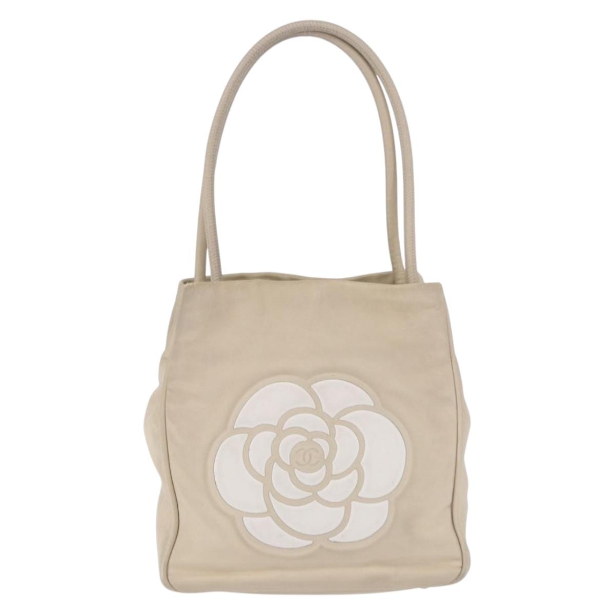 CHANEL Camelia Tote Bag Leather Beige Gold Tone CC Auth 205854