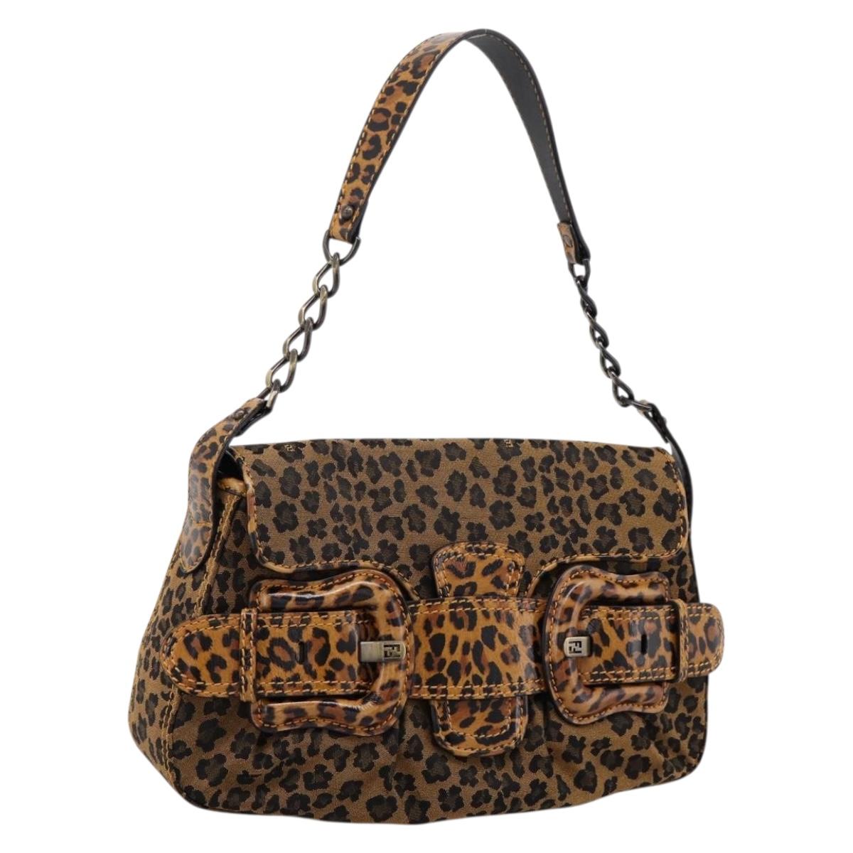 FENDI Chain Mamma Baguette Shoulder Bag Canvas Beige Auth 205882SAM