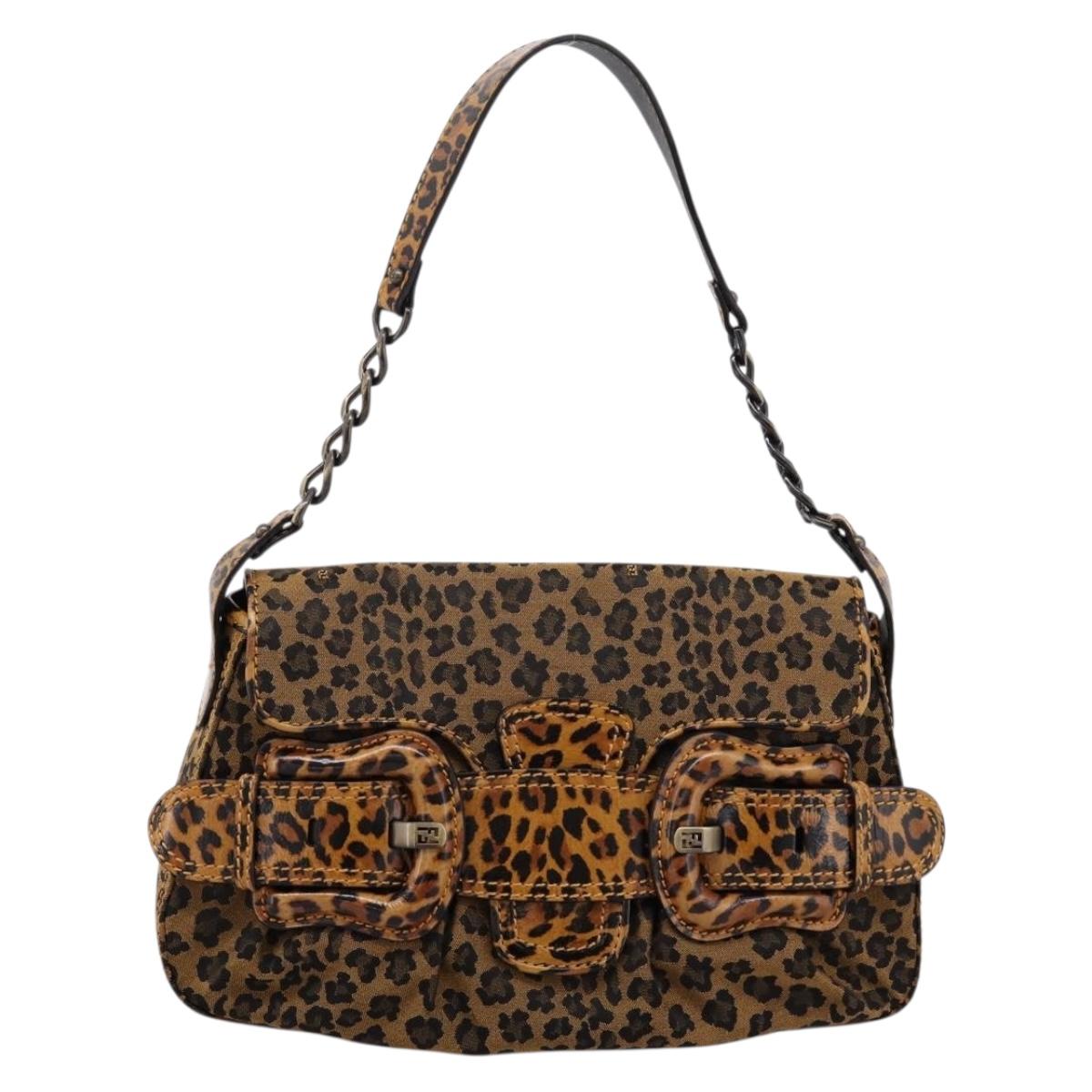 FENDI Chain Mamma Baguette Shoulder Bag Canvas Beige Auth 205882SAM