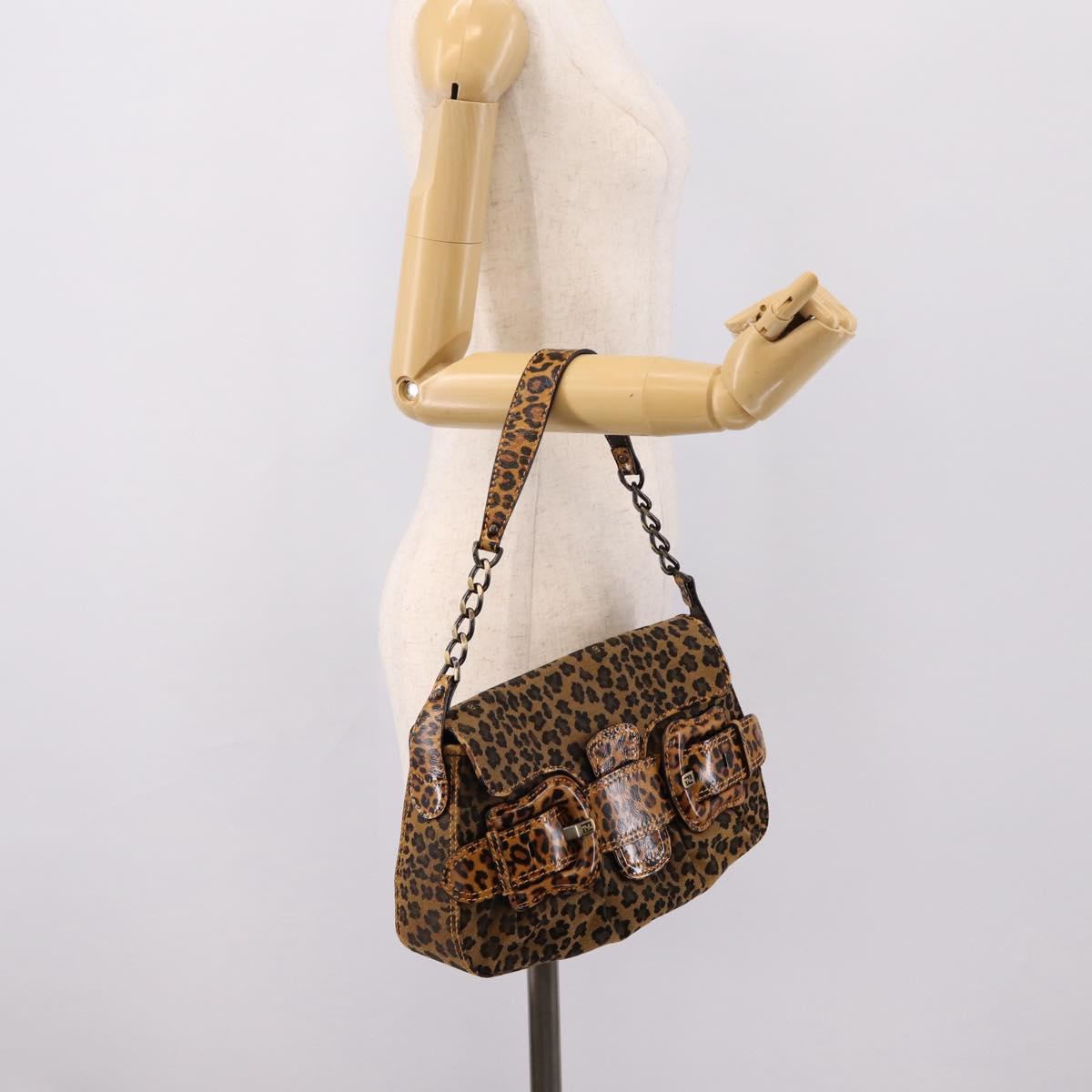 FENDI Chain Mamma Baguette Shoulder Bag Canvas Beige Auth 205882SAM