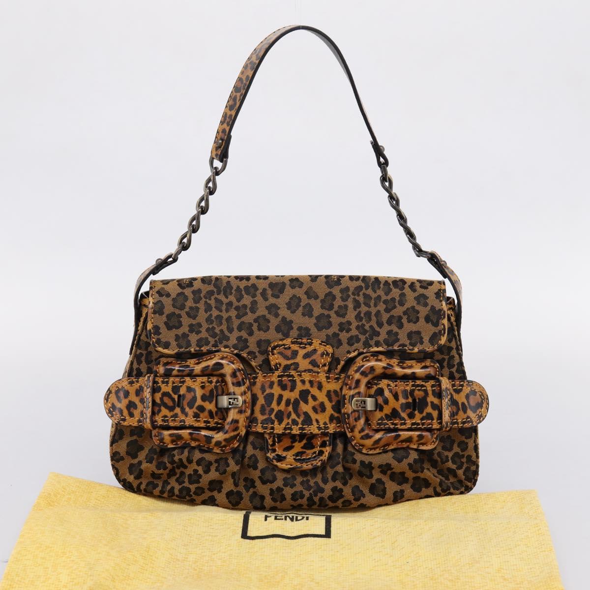 FENDI Chain Mamma Baguette Shoulder Bag Canvas Beige Auth 205882SAM