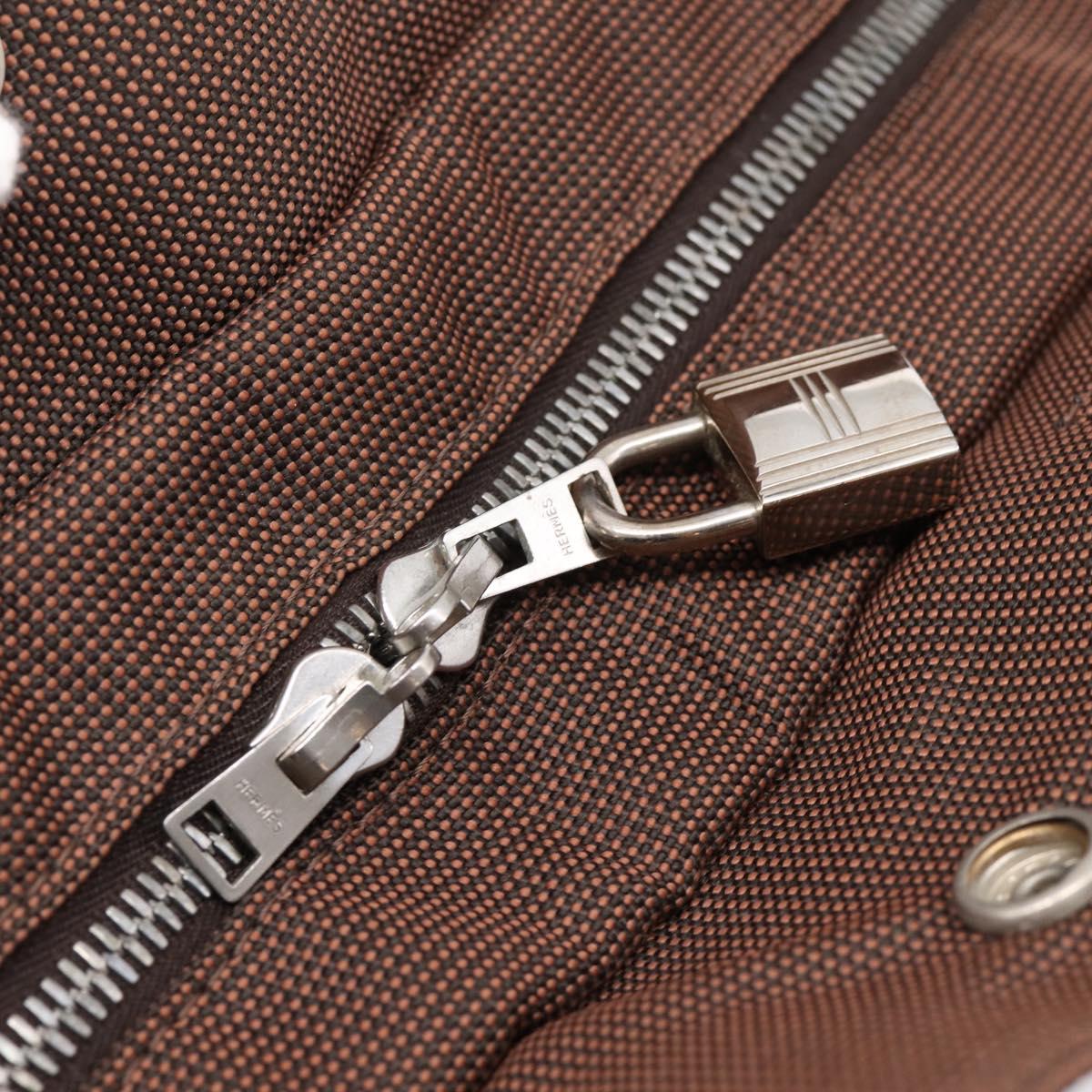 HERMES Her Line MM Hand Bag Canvas Brown Silver Auth 205885A