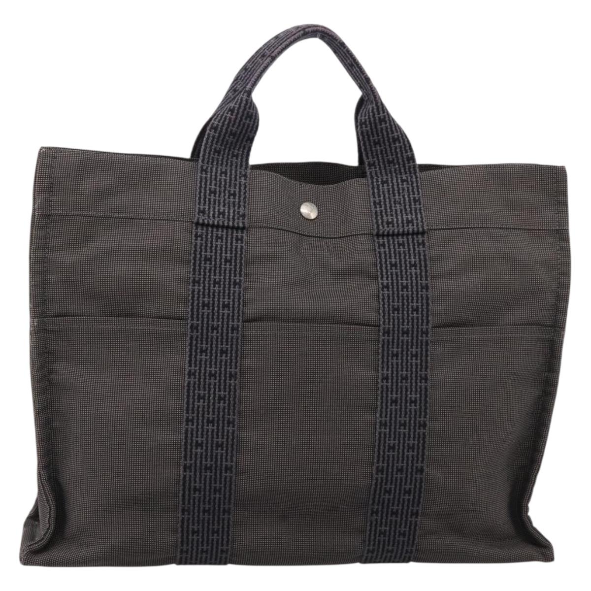 HERMES Her Line MM Hand Bag Canvas Gray Silver Auth 205886A