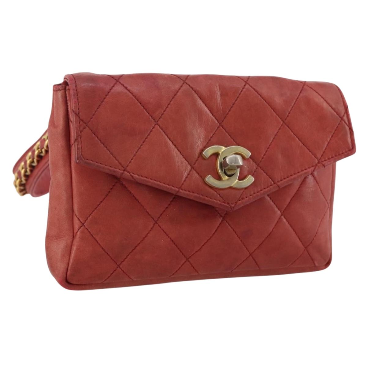 CHANEL Matelasse Waist Bag Leather Red Gold Tone CC Auth 205887