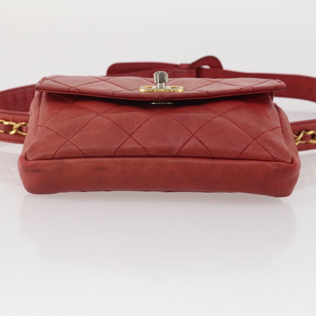 CHANEL Matelasse Waist Bag Leather Red Gold Tone CC Auth 205887