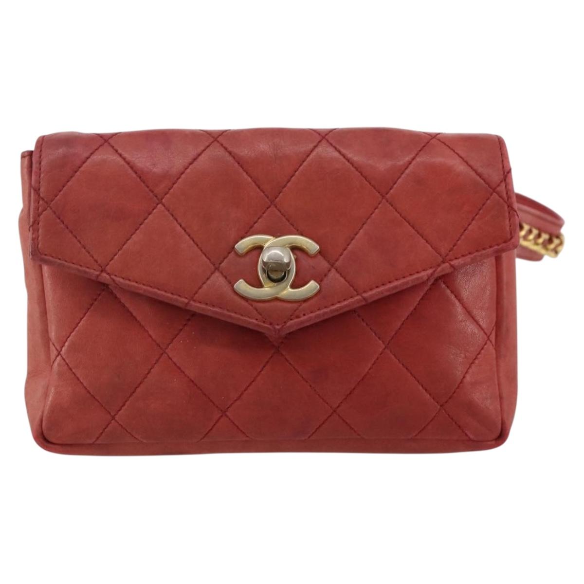 CHANEL Matelasse Waist Bag Leather Red Gold Tone CC Auth 205887