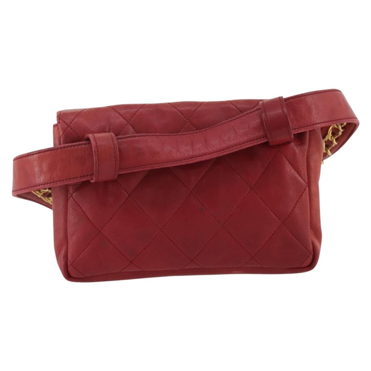 CHANEL Matelasse Waist Bag Leather Red Gold Tone CC Auth 205887