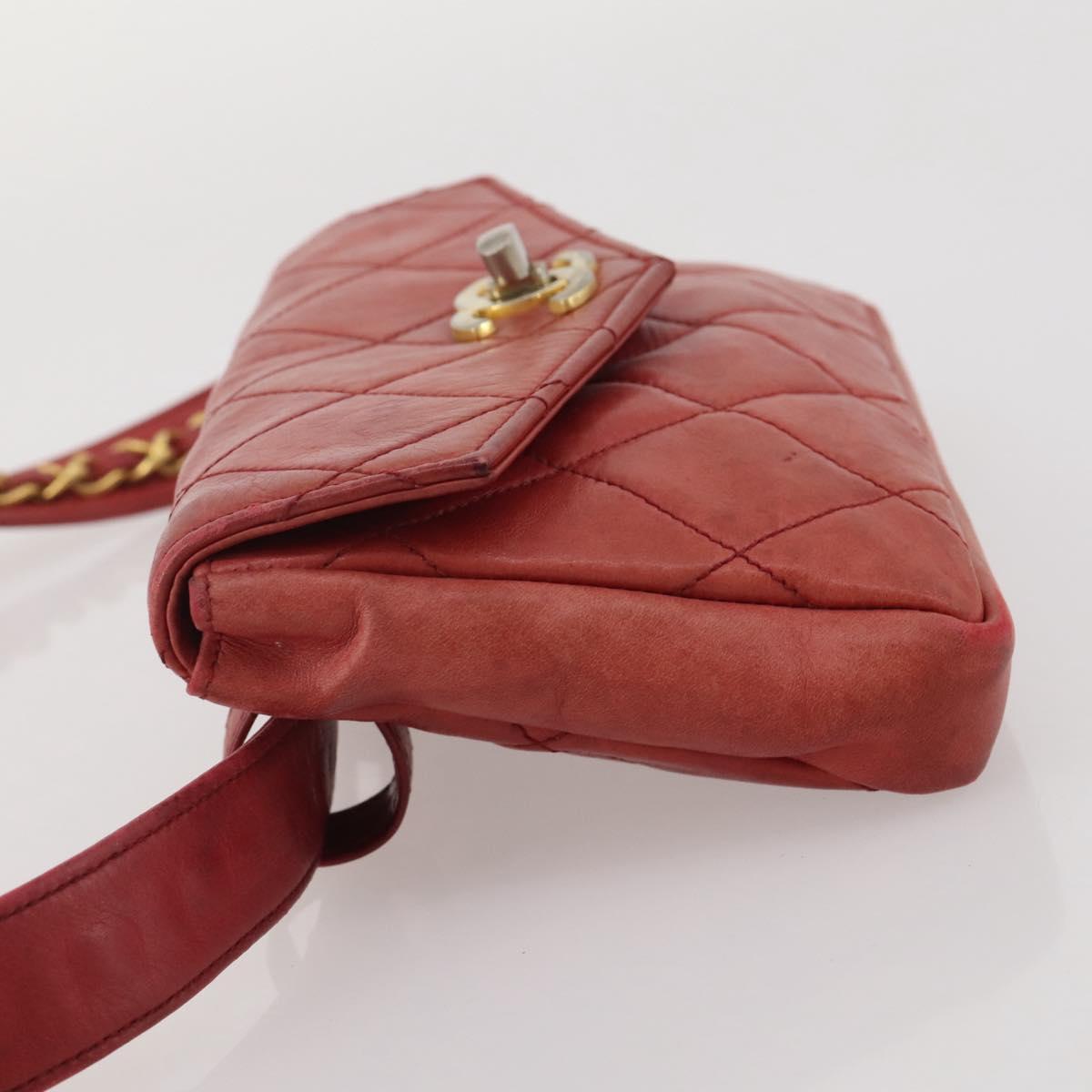 CHANEL Matelasse Waist Bag Leather Red Gold Tone CC Auth 205887