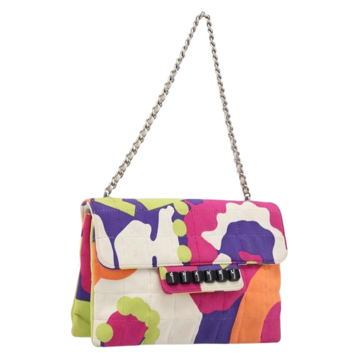 CHANEL Choco Bar Chain Shoulder Bag Cotton Multicolor Silver CC Auth 205888A