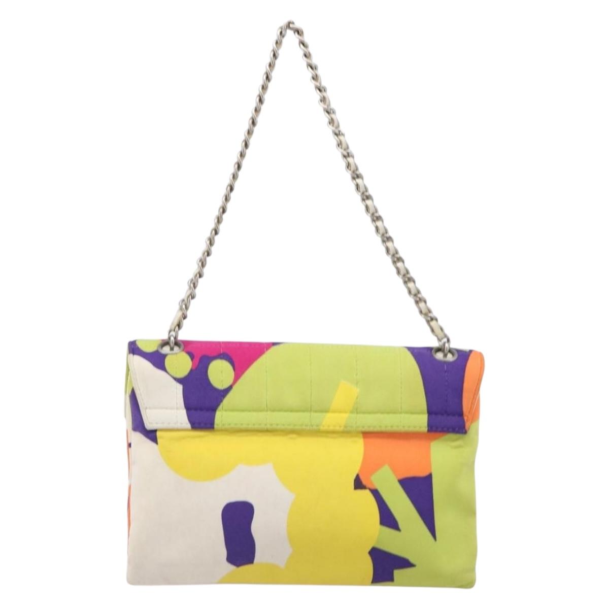 CHANEL Choco Bar Chain Shoulder Bag Cotton Multicolor Silver CC Auth 205888A