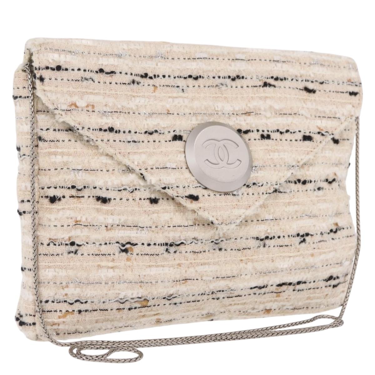 CHANEL Chain Shoulder Bag Tweed White Silver CC Auth 205917V