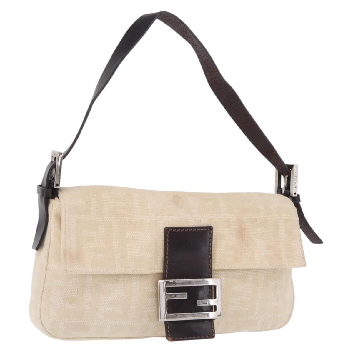 FENDI Zucca Canvas Mamma Baguette Shoulder Bag Ivory Silver Auth 205920