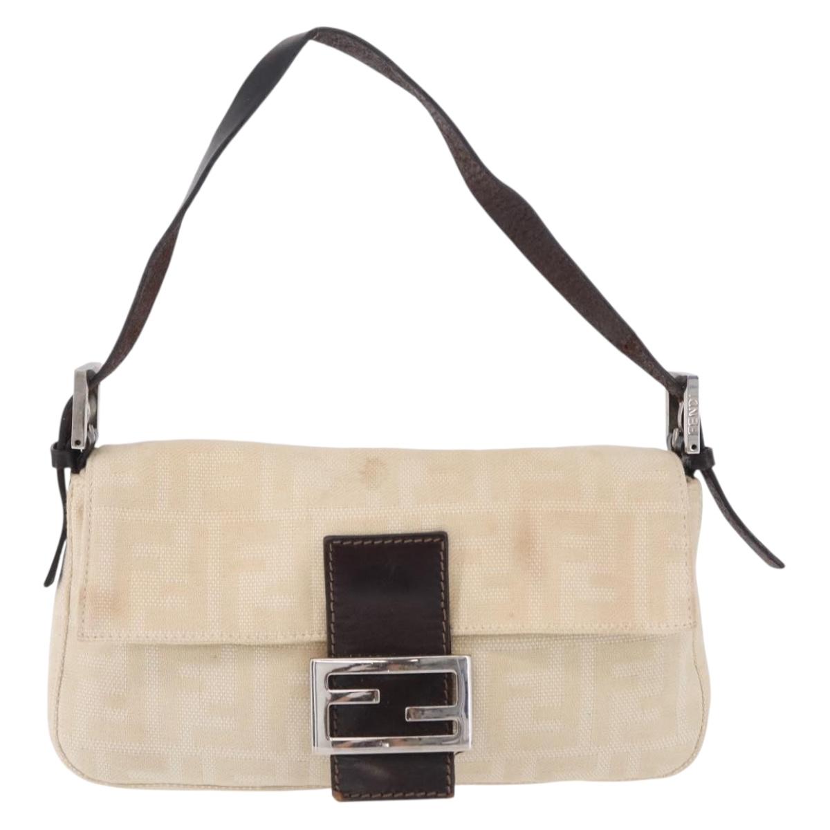 FENDI Zucca Canvas Mamma Baguette Shoulder Bag Ivory Silver Auth 205920