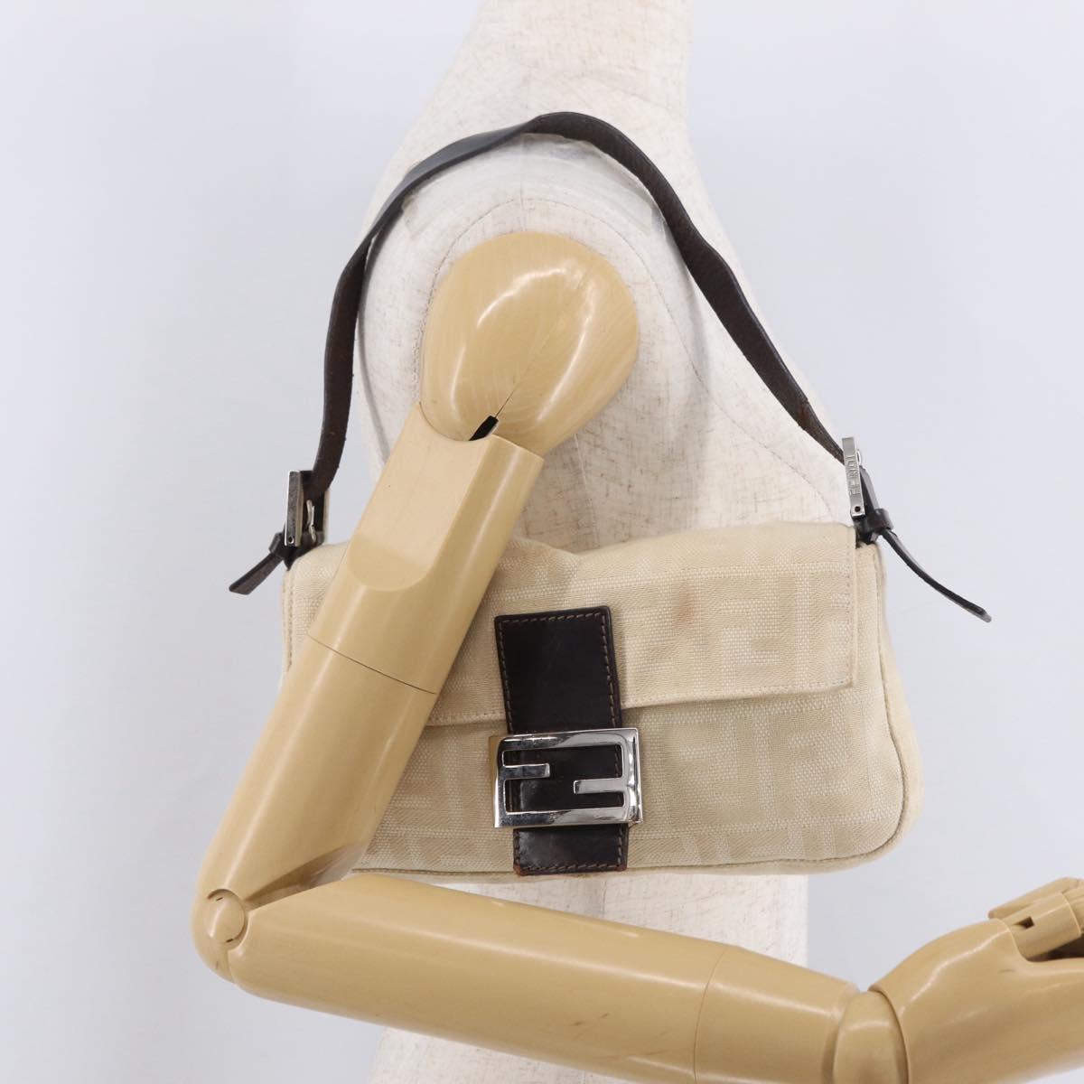 FENDI Zucca Canvas Mamma Baguette Shoulder Bag Ivory Silver Auth 205920