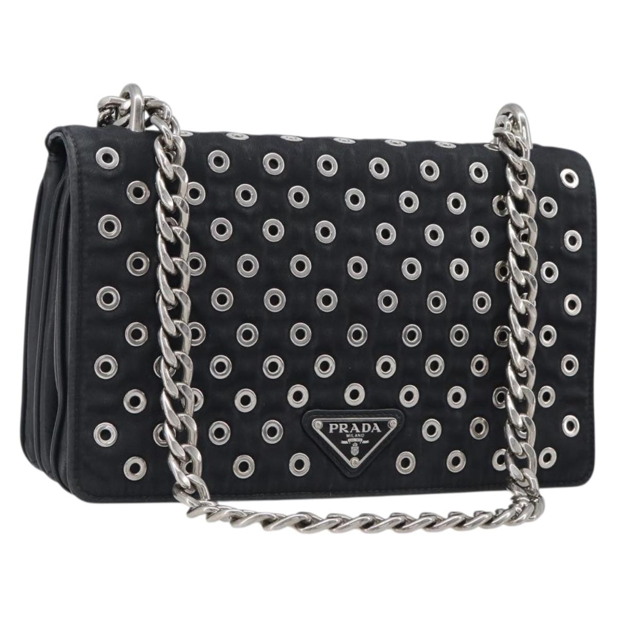 PRADA Chain Shoulder Bag Nylon Black Silver Auth 205930V