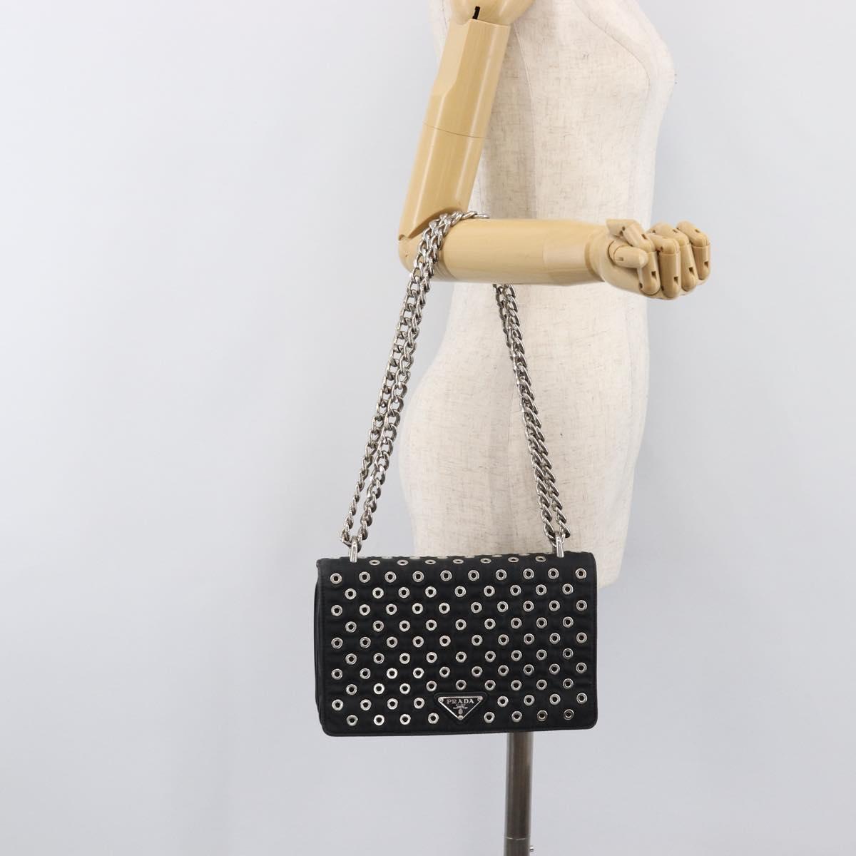 PRADA Chain Shoulder Bag Nylon Black Silver Auth 205930V