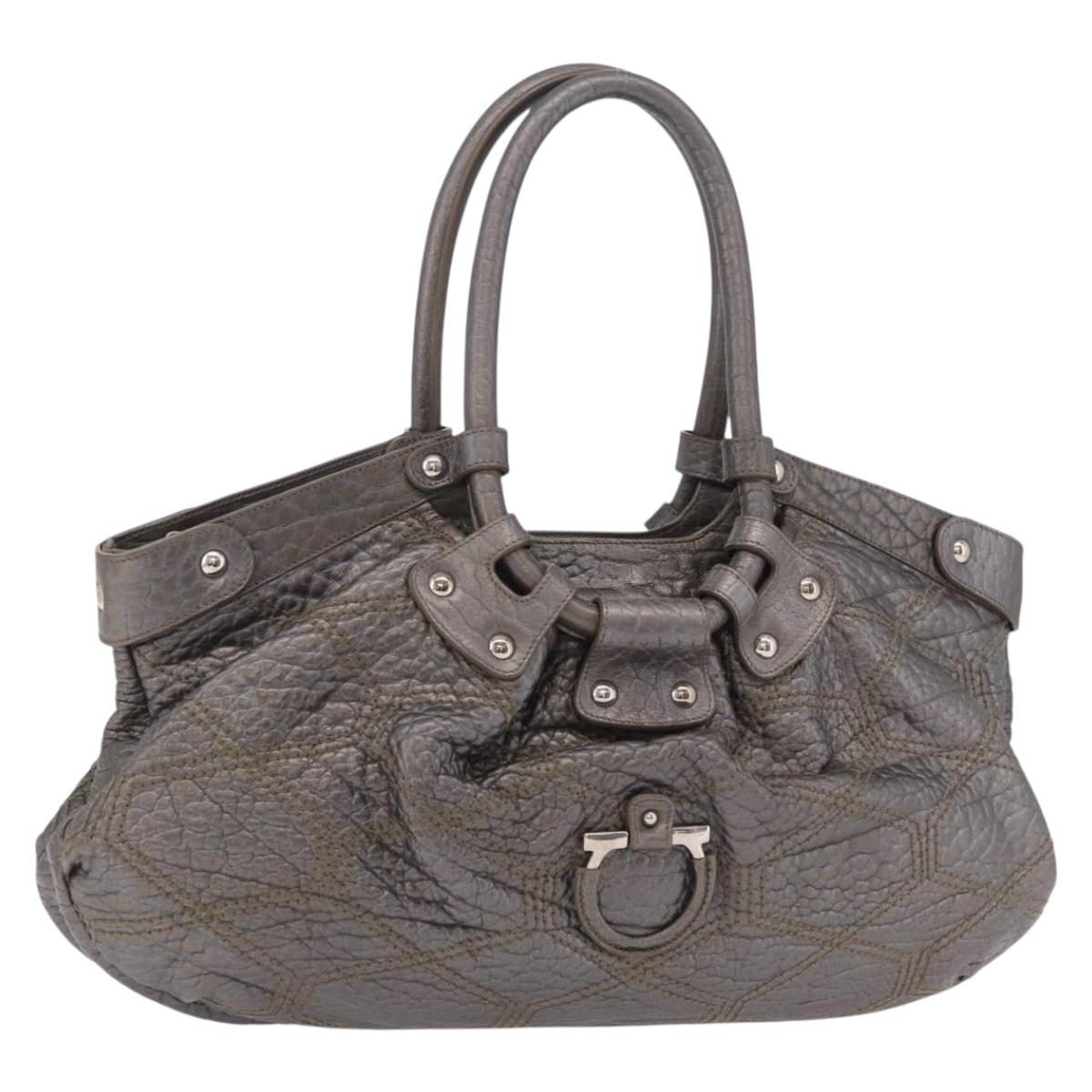 Salvatore Ferragamo Gancini Hand Bag Leather Silver Auth 205933V