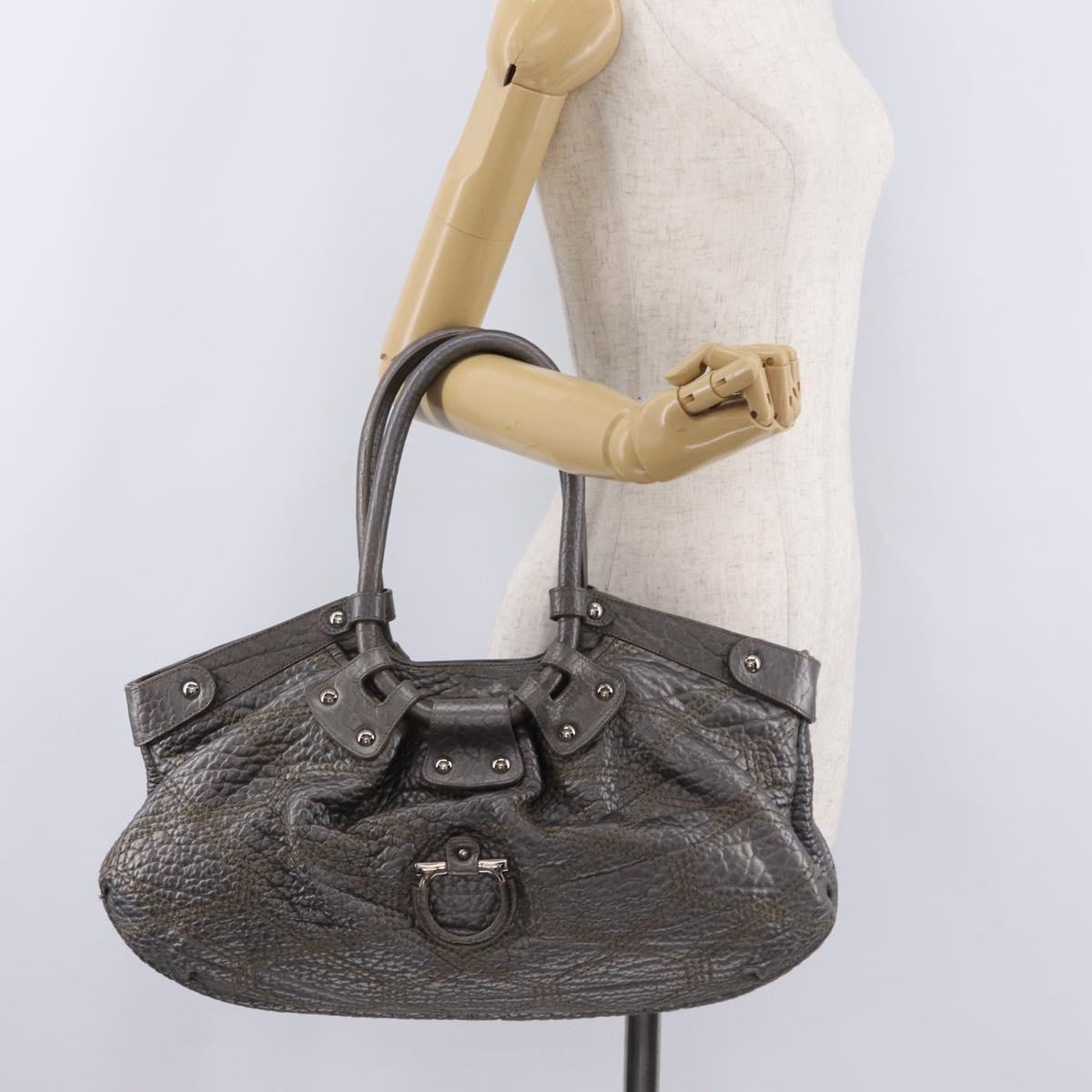 Salvatore Ferragamo Gancini Hand Bag Leather Silver Auth 205933V