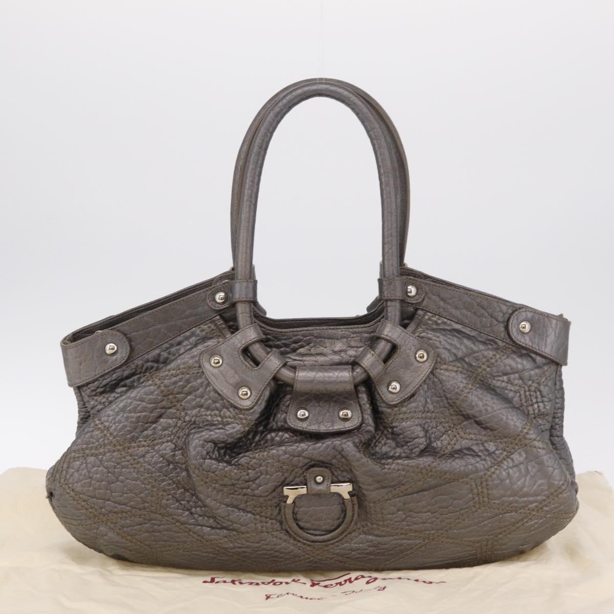 Salvatore Ferragamo Gancini Hand Bag Leather Silver Auth 205933V