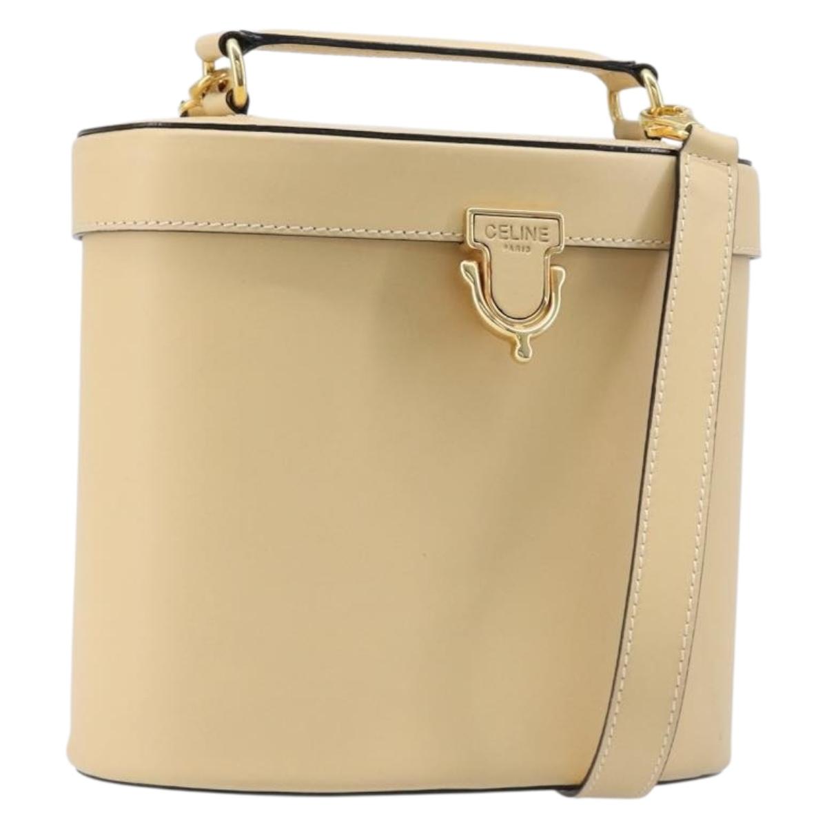 CELINE Vanity Shoulder Bag Leather 2way Beige Gold Tone Auth 205952A