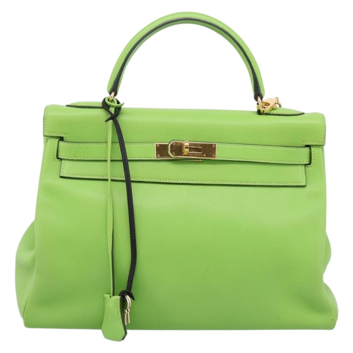 HERMES Kelly 32 Hand Bag Leather 2way Green Gold Auth 205964SM
