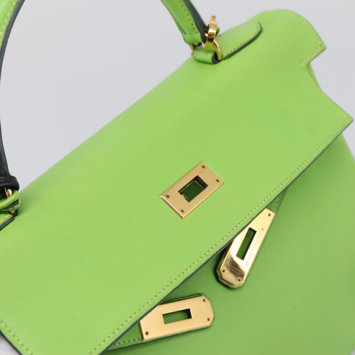 HERMES Kelly 32 Hand Bag Leather 2way Green Gold Auth 205964SM