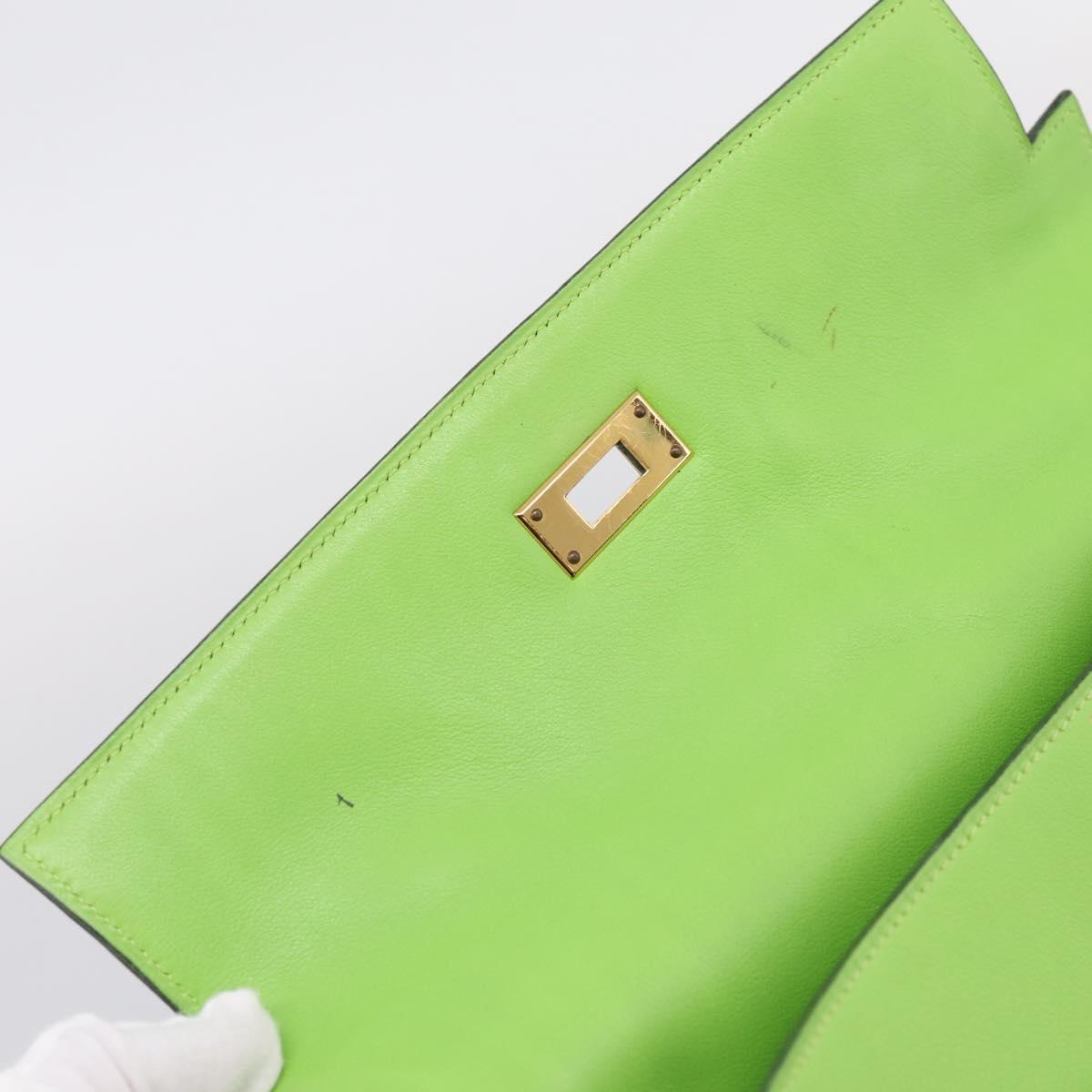 HERMES Kelly 32 Hand Bag Leather 2way Green Gold Auth 205964SM