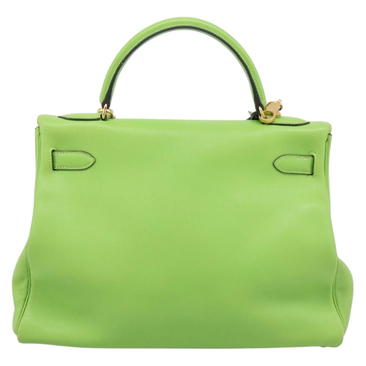 HERMES Kelly 32 Hand Bag Leather 2way Green Gold Auth 205964SM