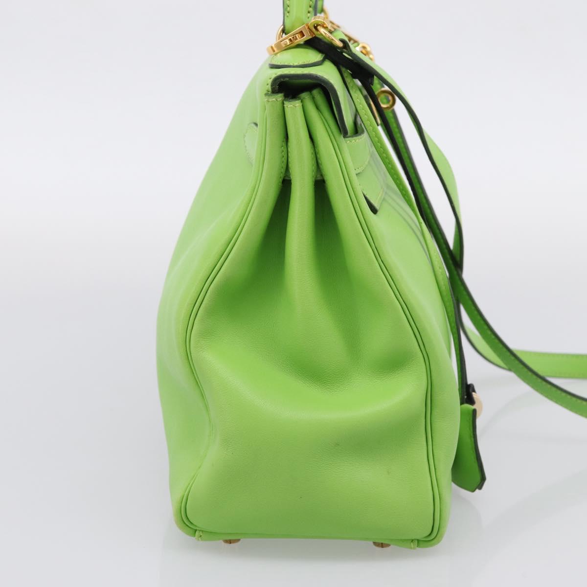 HERMES Kelly 32 Hand Bag Leather 2way Green Gold Auth 205964SM