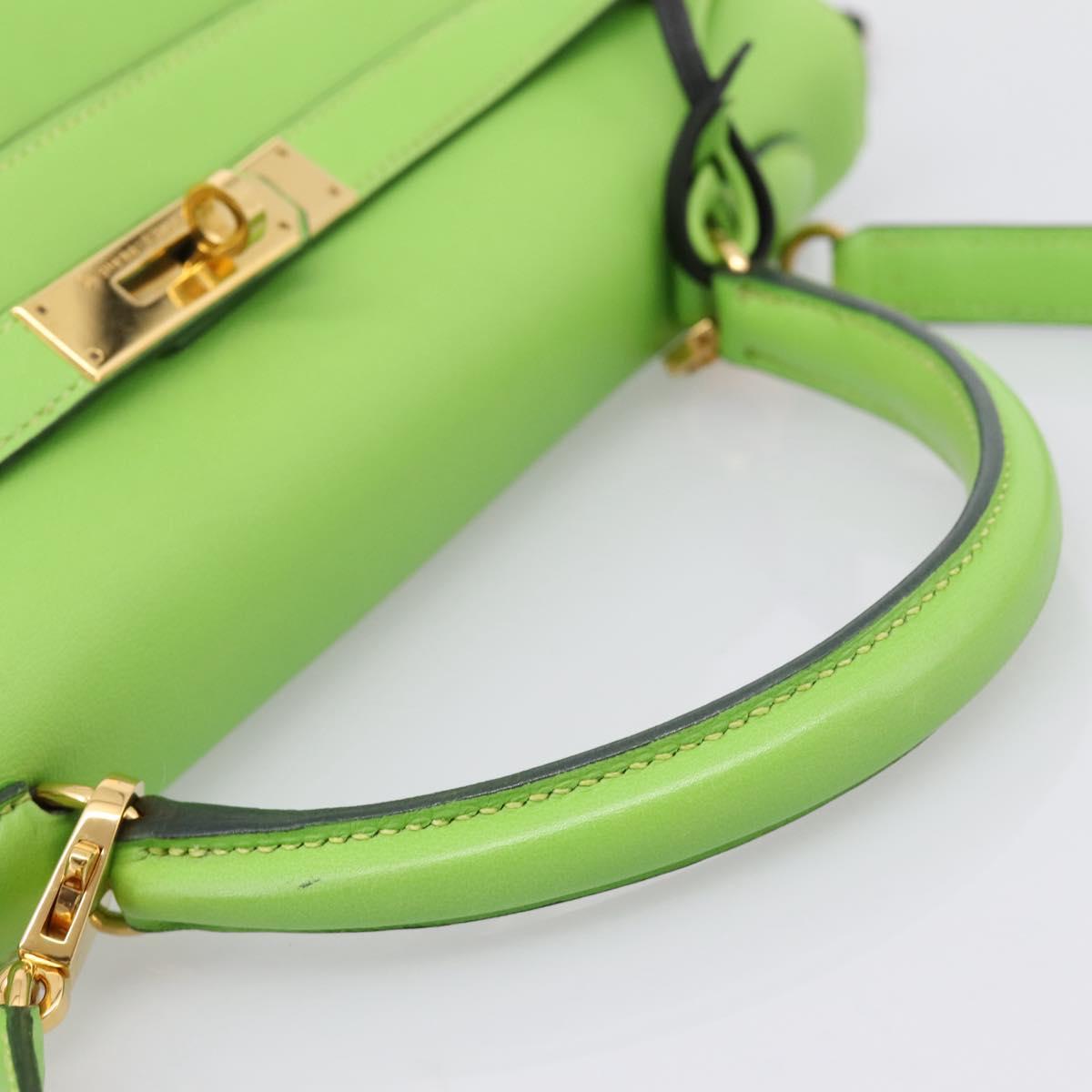 HERMES Kelly 32 Hand Bag Leather 2way Green Gold Auth 205964SM