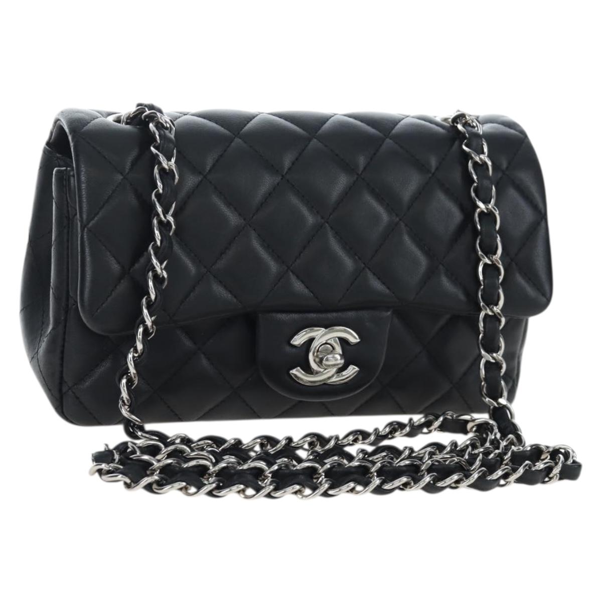 CHANEL Mini Matelasse 20 Chain Bag Lamb Skin Black Silver CC Auth 205986M