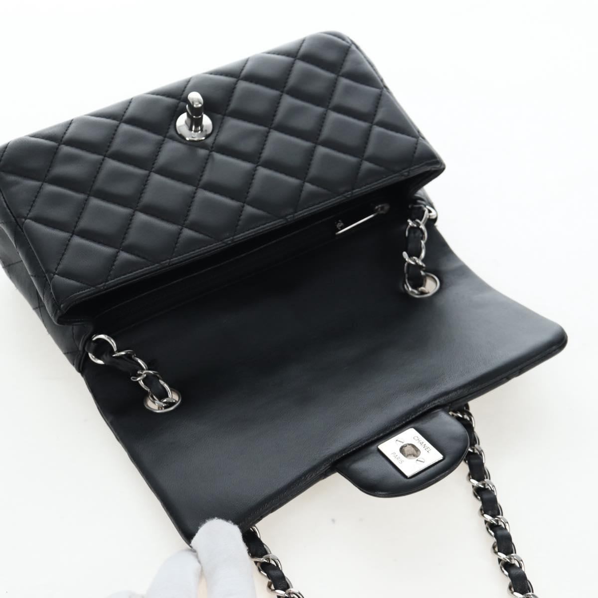 CHANEL Mini Matelasse 20 Chain Bag Lamb Skin Black Silver CC Auth 205986M
