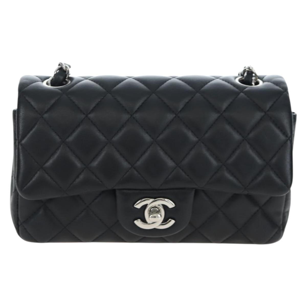 CHANEL Mini Matelasse 20 Chain Bag Lamb Skin Black Silver CC Auth 205986M