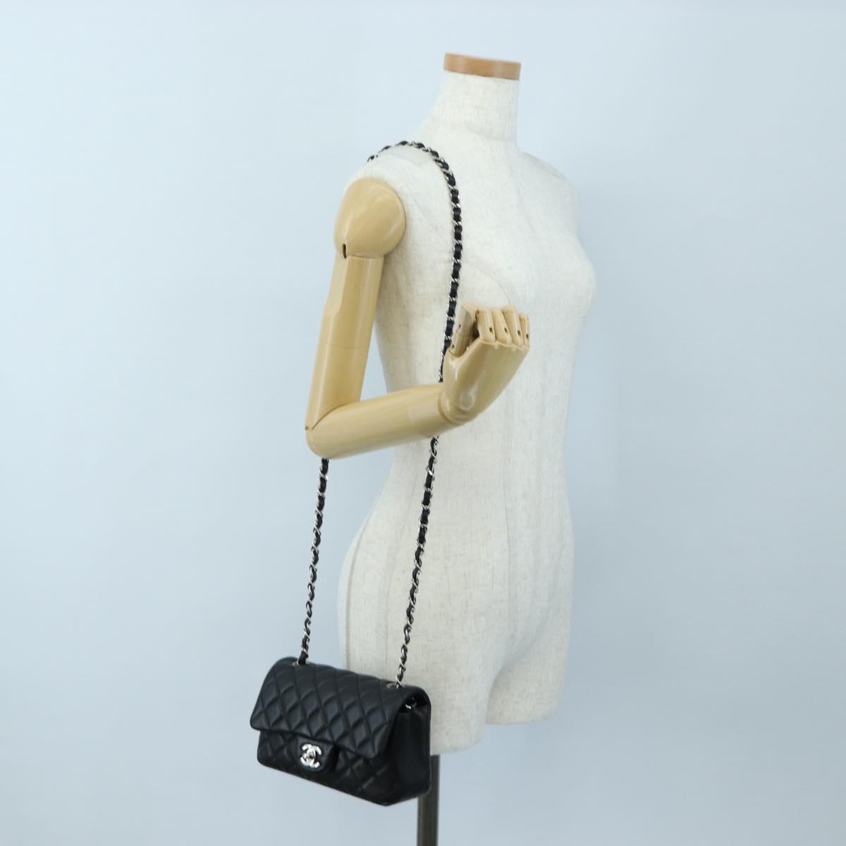 CHANEL Mini Matelasse 20 Chain Bag Lamb Skin Black Silver CC Auth 205986M