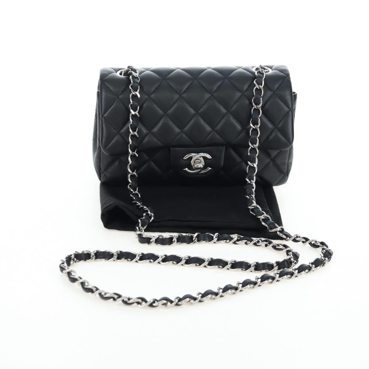CHANEL Mini Matelasse 20 Chain Bag Lamb Skin Black Silver CC Auth 205986M