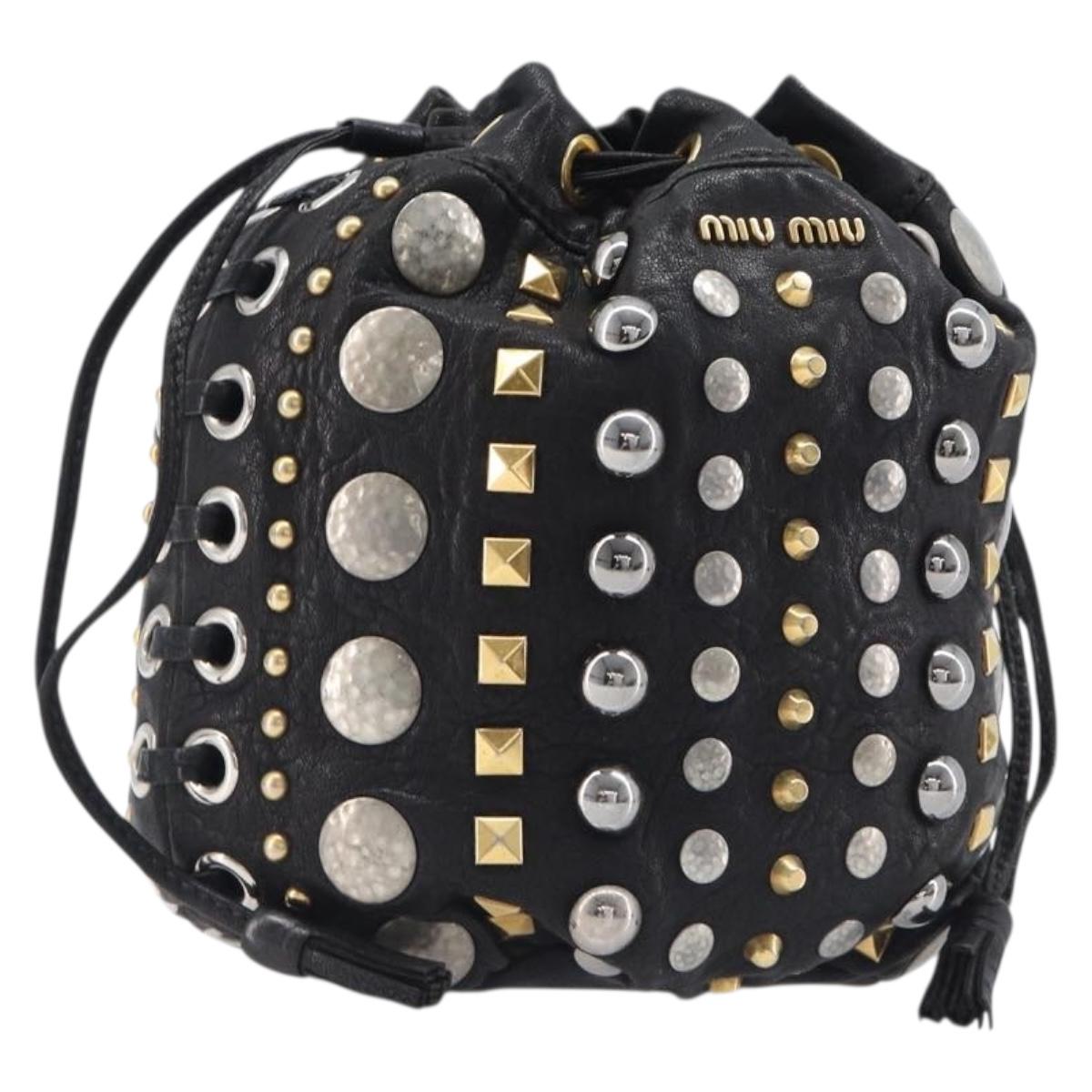 Miu Miu Hand Bag Leather Black Gold Silver Auth 205991V