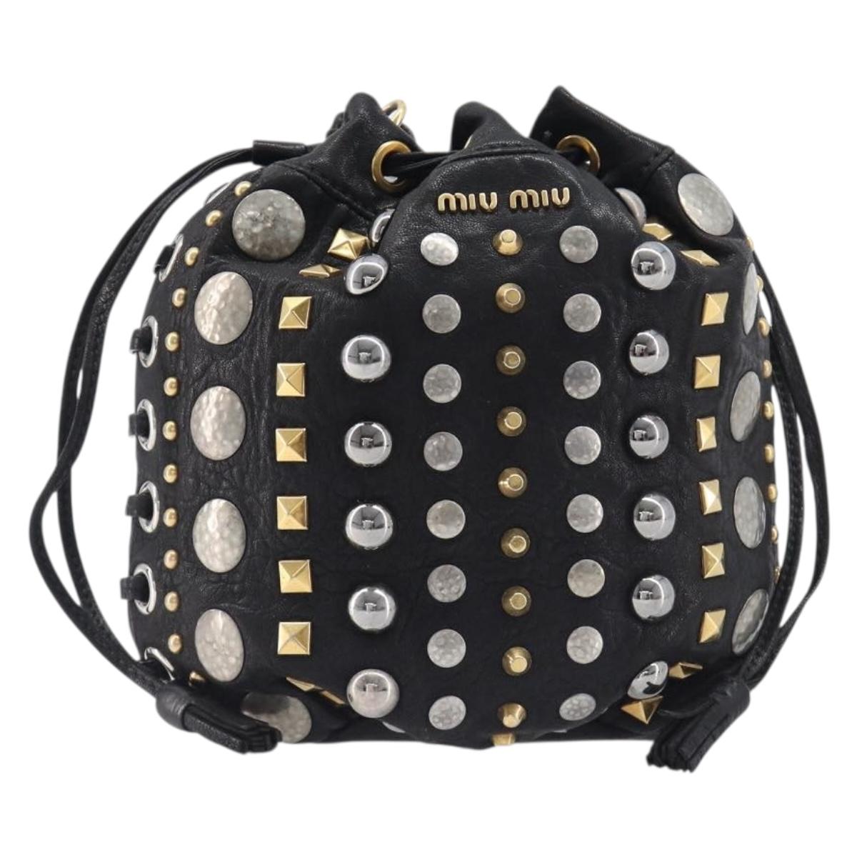 Miu Miu Hand Bag Leather Black Gold Silver Auth 205991V