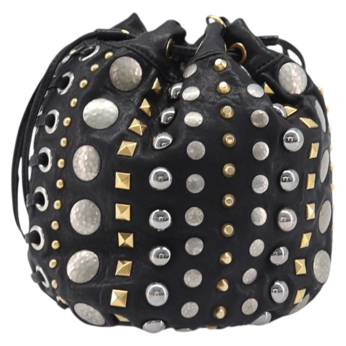 Miu Miu Hand Bag Leather Black Gold Silver Auth 205991V