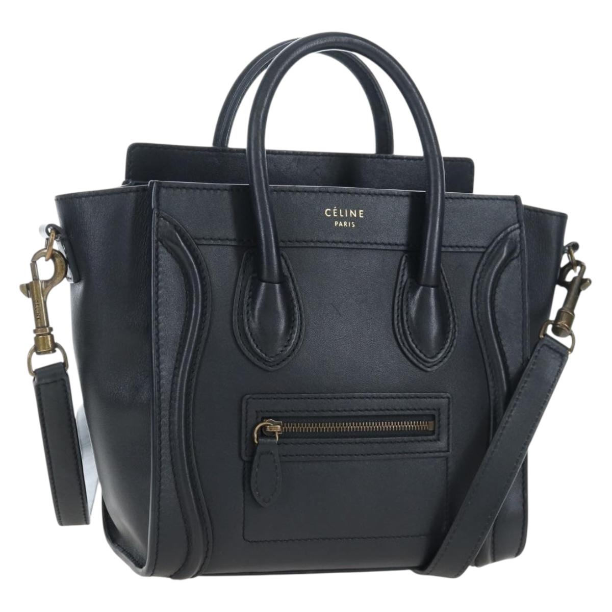CELINE Luggage Micro Shopper Hand Bag Leather 2way Black Gold Auth 205995V