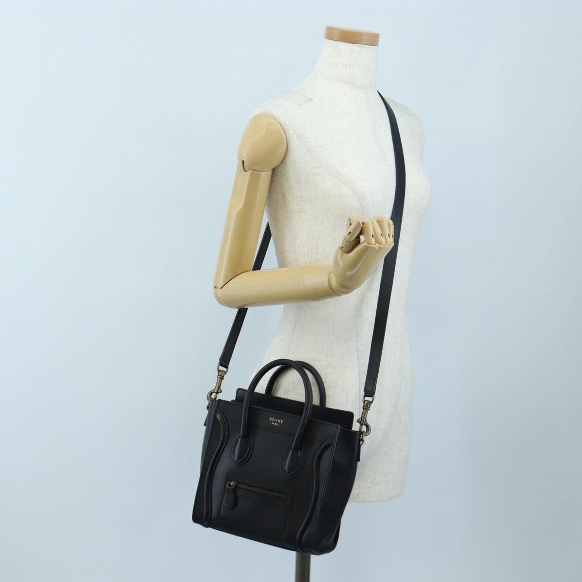 CELINE Luggage Micro Shopper Hand Bag Leather 2way Black Gold Auth 205995V