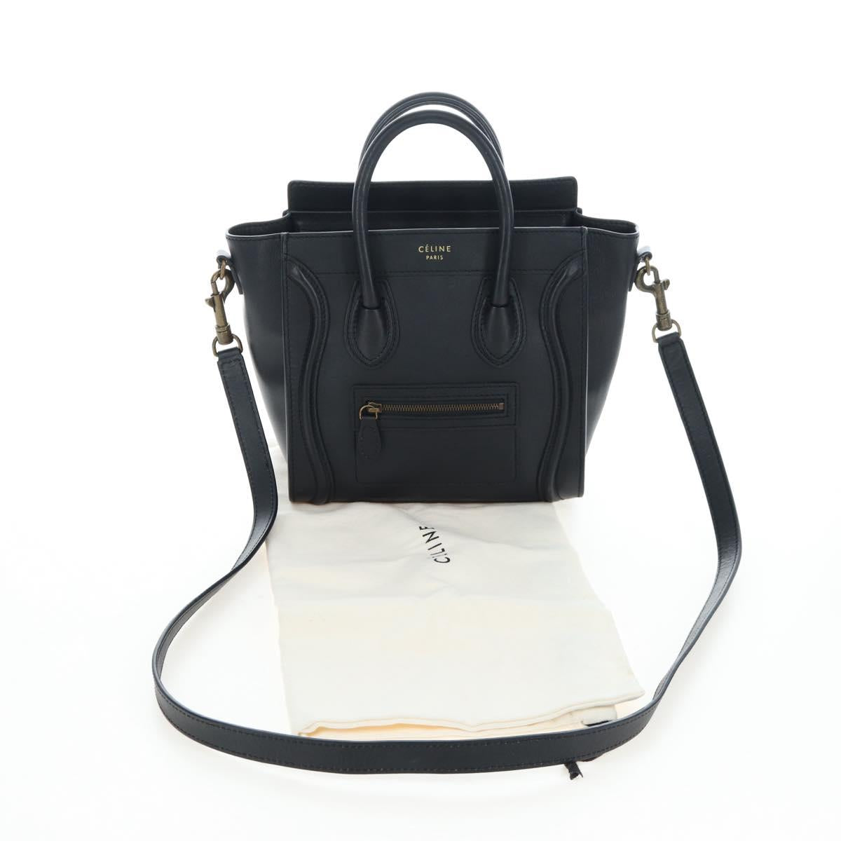CELINE Luggage Micro Shopper Hand Bag Leather 2way Black Gold Auth 205995V
