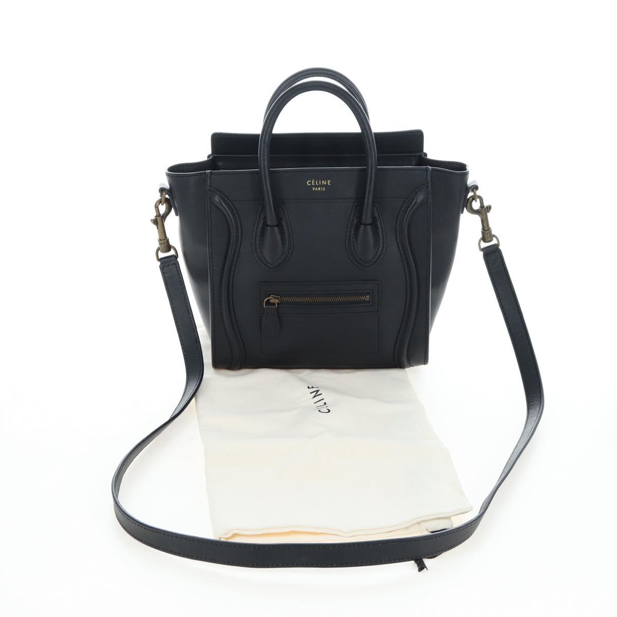 CELINE Luggage Micro Shopper Hand Bag Leather 2way Black Gold Auth 205995V